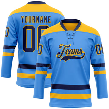 Custom Sky Blue Navy-Gold Hockey Lace Neck Jersey