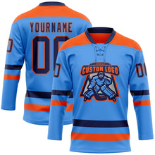 Load image into Gallery viewer, Custom Sky Blue Navy-Orange Hockey Lace Neck Jersey
