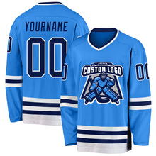 Load image into Gallery viewer, Custom Powder Blue Navy-White Hockey Jersey
