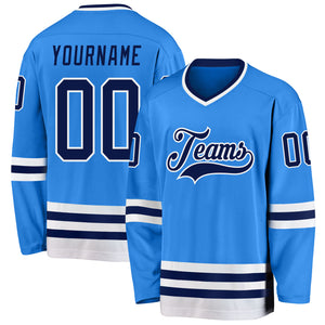 Custom Powder Blue Navy-White Hockey Jersey