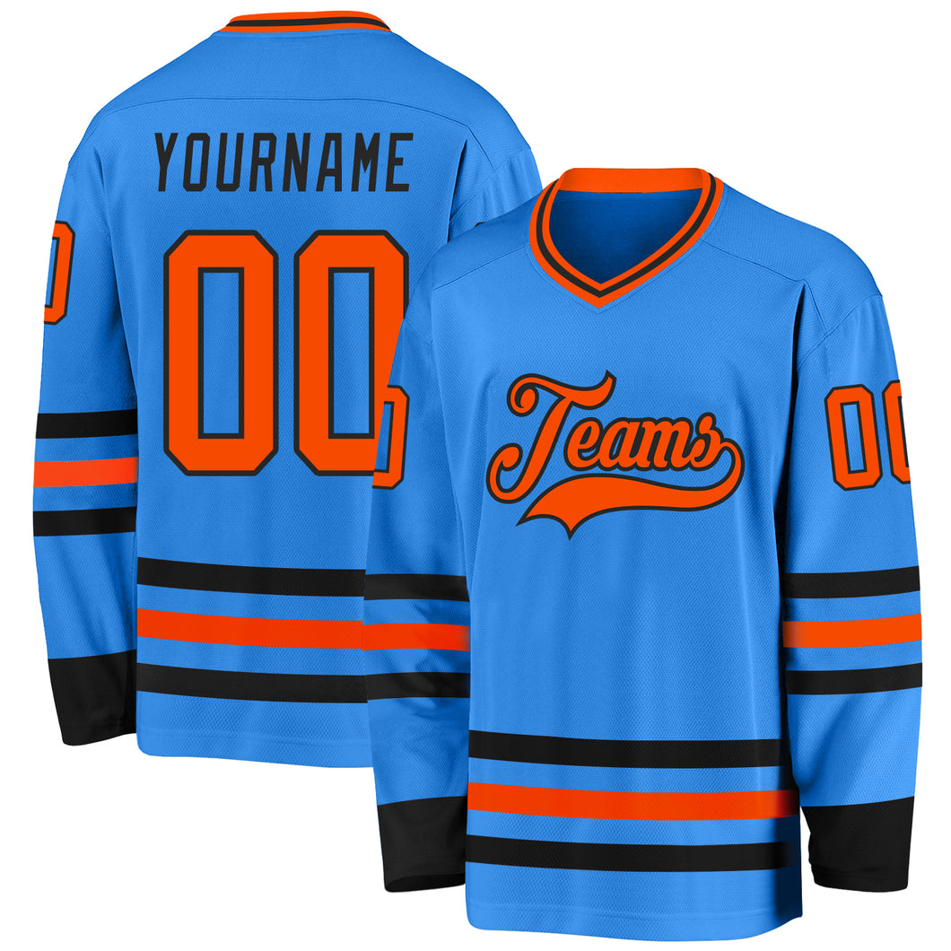 Custom Powder Blue Orange-Black Hockey Jersey