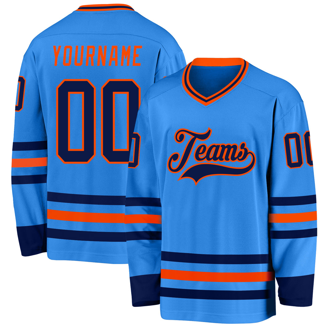 Custom Powder Blue Navy-Orange Hockey Jersey