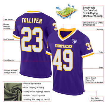 Custom Purple White-Gold Mesh Authentic Throwback Football Jersey