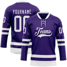 Load image into Gallery viewer, Custom Purple White Hockey Lace Neck Jersey
