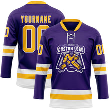 Load image into Gallery viewer, Custom Purple Gold-White Hockey Lace Neck Jersey
