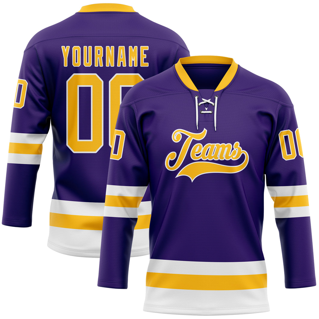 Custom Purple Gold-White Hockey Lace Neck Jersey