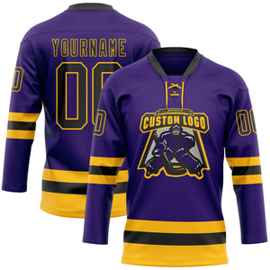 Custom Purple Black-Gold Hockey Lace Neck Jersey