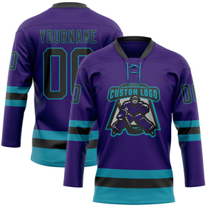 Custom Purple Black-Teal Hockey Lace Neck Jersey