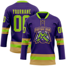 Load image into Gallery viewer, Custom Purple Neon Green-Old Gold Hockey Lace Neck Jersey
