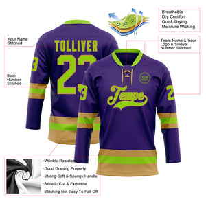 Custom Purple Neon Green-Old Gold Hockey Lace Neck Jersey