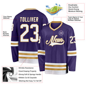 Custom Purple White-Old Gold Hockey Jersey