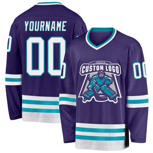 Custom Purple White-Teal Hockey Jersey