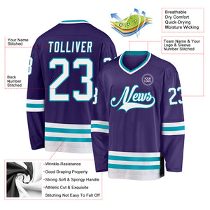 Custom Purple White-Teal Hockey Jersey