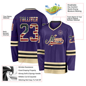 Custom Purple Vintage USA Flag Cream-Black Hockey Jersey