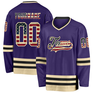 Custom Purple Vintage USA Flag Cream-Black Hockey Jersey