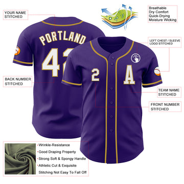 Custom Purple White-Old Gold Authentic Baseball Jersey