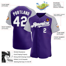 Load image into Gallery viewer, Custom Purple White-Gray Authentic Raglan Sleeves Baseball Jersey
