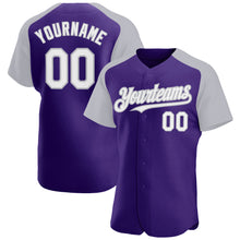 Load image into Gallery viewer, Custom Purple White-Gray Authentic Raglan Sleeves Baseball Jersey
