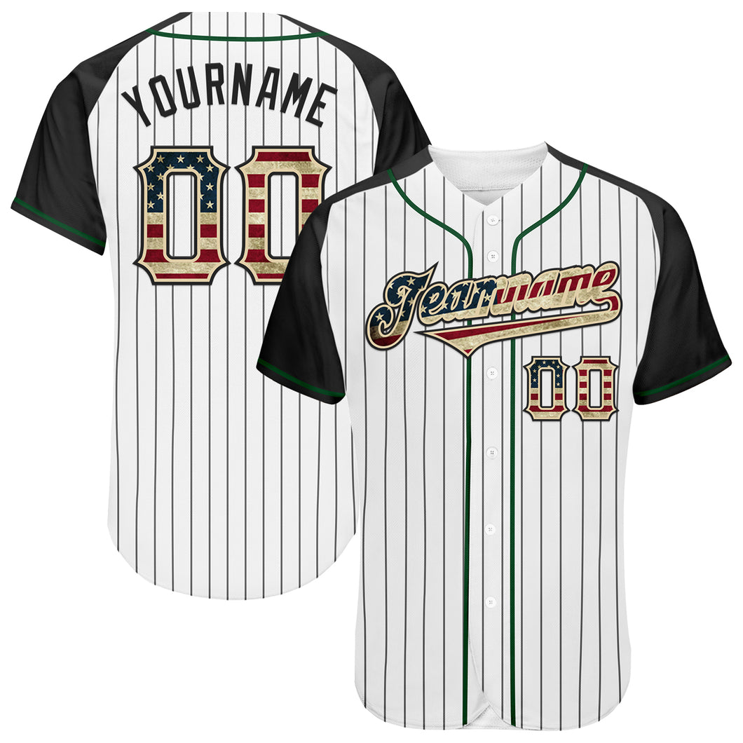 Custom White Black Pinstripe Vintage USA Flag Cream-Green Authentic Raglan Sleeves Baseball Jersey