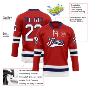 Custom Red White-Navy Hockey Lace Neck Jersey