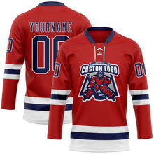 Load image into Gallery viewer, Custom Red Navy-White Hockey Lace Neck Jersey
