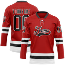 Load image into Gallery viewer, Custom Red Black-White Hockey Lace Neck Jersey
