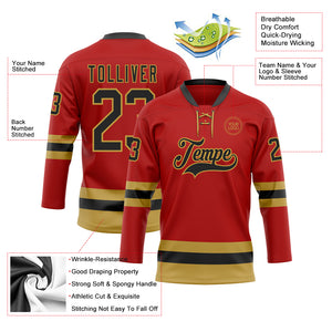 Custom Red Black-Old Gold Hockey Lace Neck Jersey