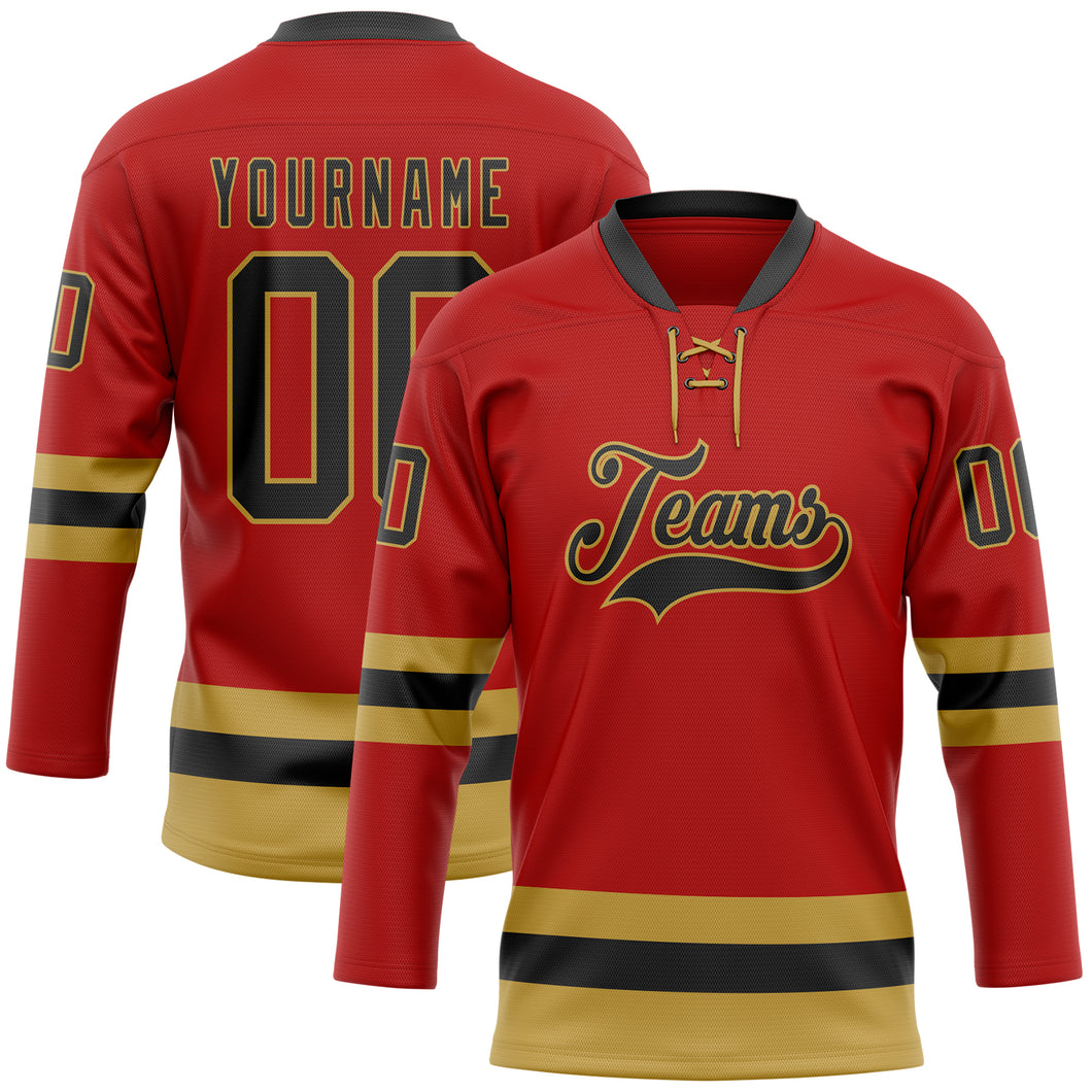 Custom Red Black-Old Gold Hockey Lace Neck Jersey