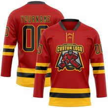 Load image into Gallery viewer, Custom Red Black-Gold Hockey Lace Neck Jersey
