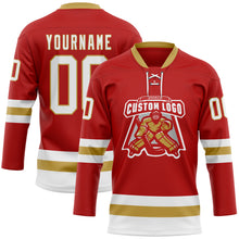 Load image into Gallery viewer, Custom Red White-Old Gold Hockey Lace Neck Jersey
