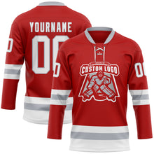 Load image into Gallery viewer, Custom Red White-Gray Hockey Lace Neck Jersey
