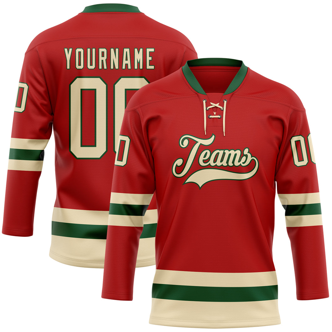 Custom Red Cream-Green Hockey Lace Neck Jersey