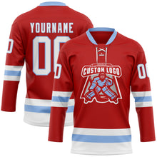 Load image into Gallery viewer, Custom Red White-Light Blue Hockey Lace Neck Jersey
