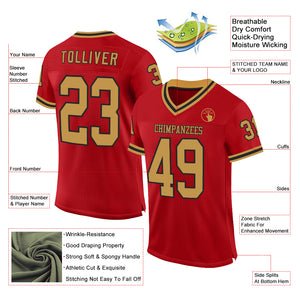 Custom Red Old Gold-Black Mesh Authentic Throwback Football Jersey