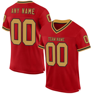 Custom Red Old Gold-Black Mesh Authentic Throwback Football Jersey