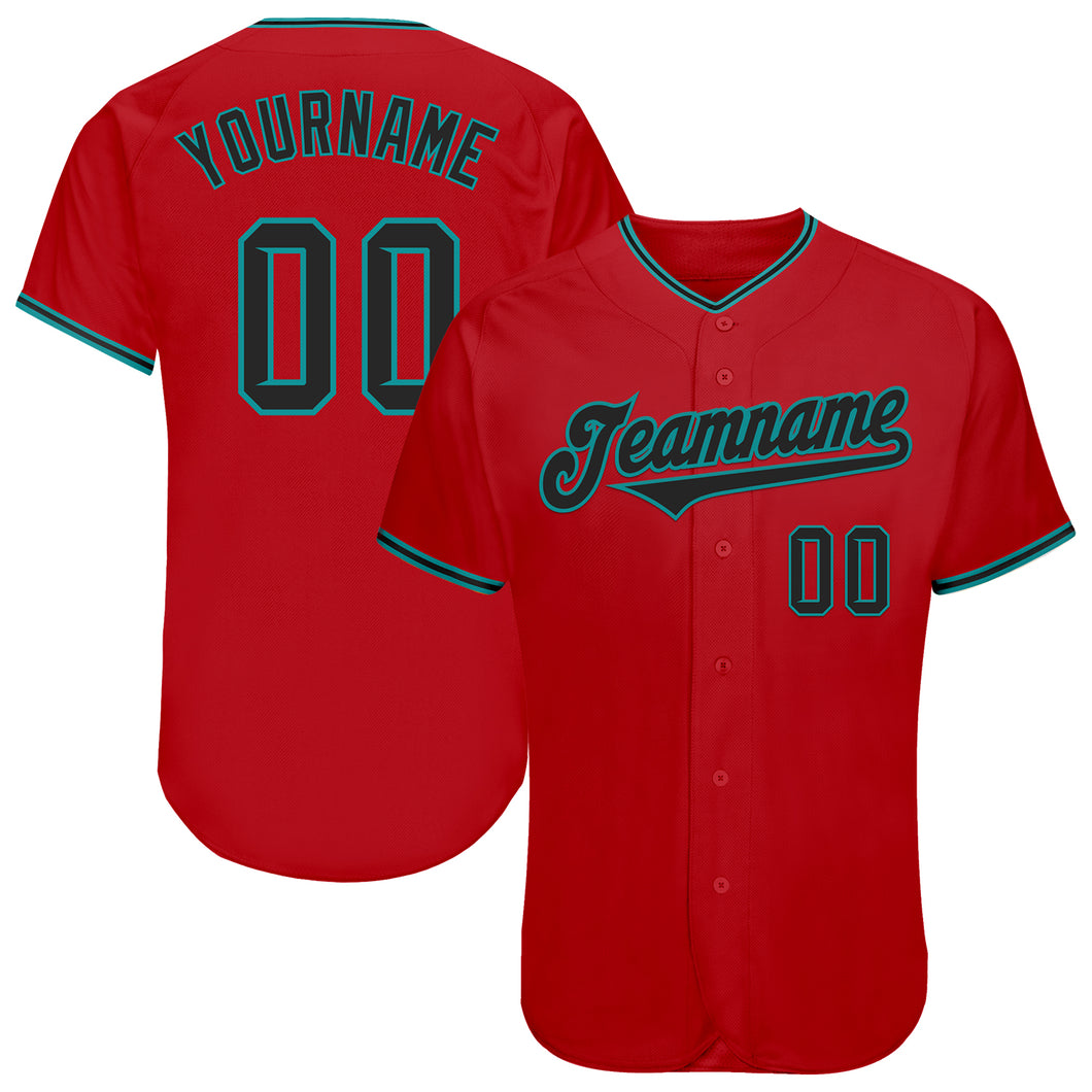 Custom Red Black-Teal Authentic Baseball Jersey