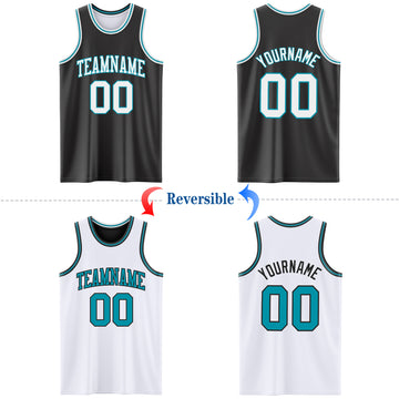 Custom Reversible Black White-Teal Double Side Authentic Basketball Jersey