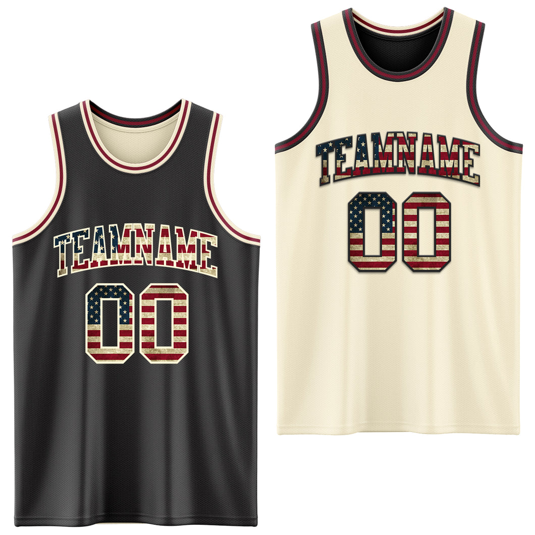 Custom Reversible Black Vintage USA Flag Cream-Maroon Double Side Authentic Basketball Jersey