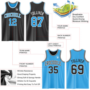 Custom Reversible Black Sky Blue-White Double Side Authentic Basketball Jersey