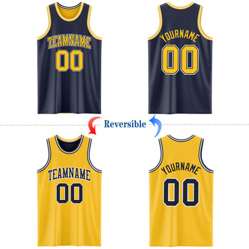 Custom Navy Gold-White Reversible Double Side Basketball Jersey