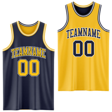 Custom Navy Gold-White Reversible Double Side Basketball Jersey