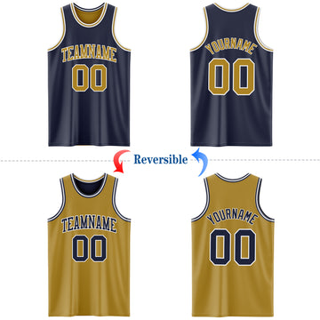 Custom Navy Old Gold-White Reversible Double Side Basketball Jersey