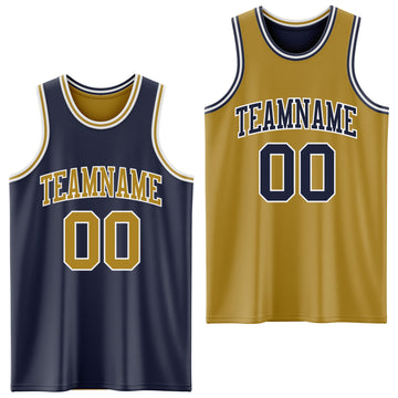 Custom Navy Old Gold-White Reversible Double Side Basketball Jersey