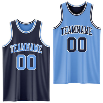 Custom Navy Light Blue-White Reversible Double Side Basketball Jersey