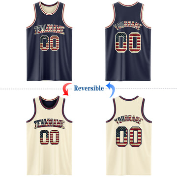 Custom Navy Vintage USA Flag Cream-Maroon Reversible Double Side Basketball Jersey