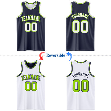 Custom Navy White-Neon Green Reversible Double Side Basketball Jersey