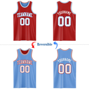 Custom Red White-Light Blue Reversible Double Side Basketball Jersey