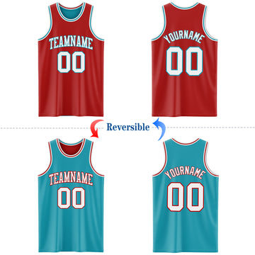 Custom Red White-Teal Reversible Double Side Basketball Jersey