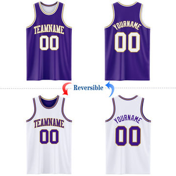 Custom Purple White-Old Gold Reversible Double Side Basketball Jersey