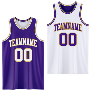 Custom Purple White-Old Gold Reversible Double Side Basketball Jersey